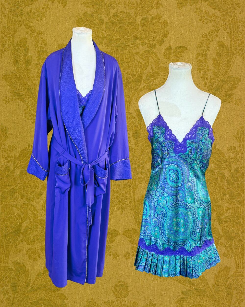VTG 93/95 Victoria's Secret Gold Label Paisley Chemise & Purple Robe Set Size S
